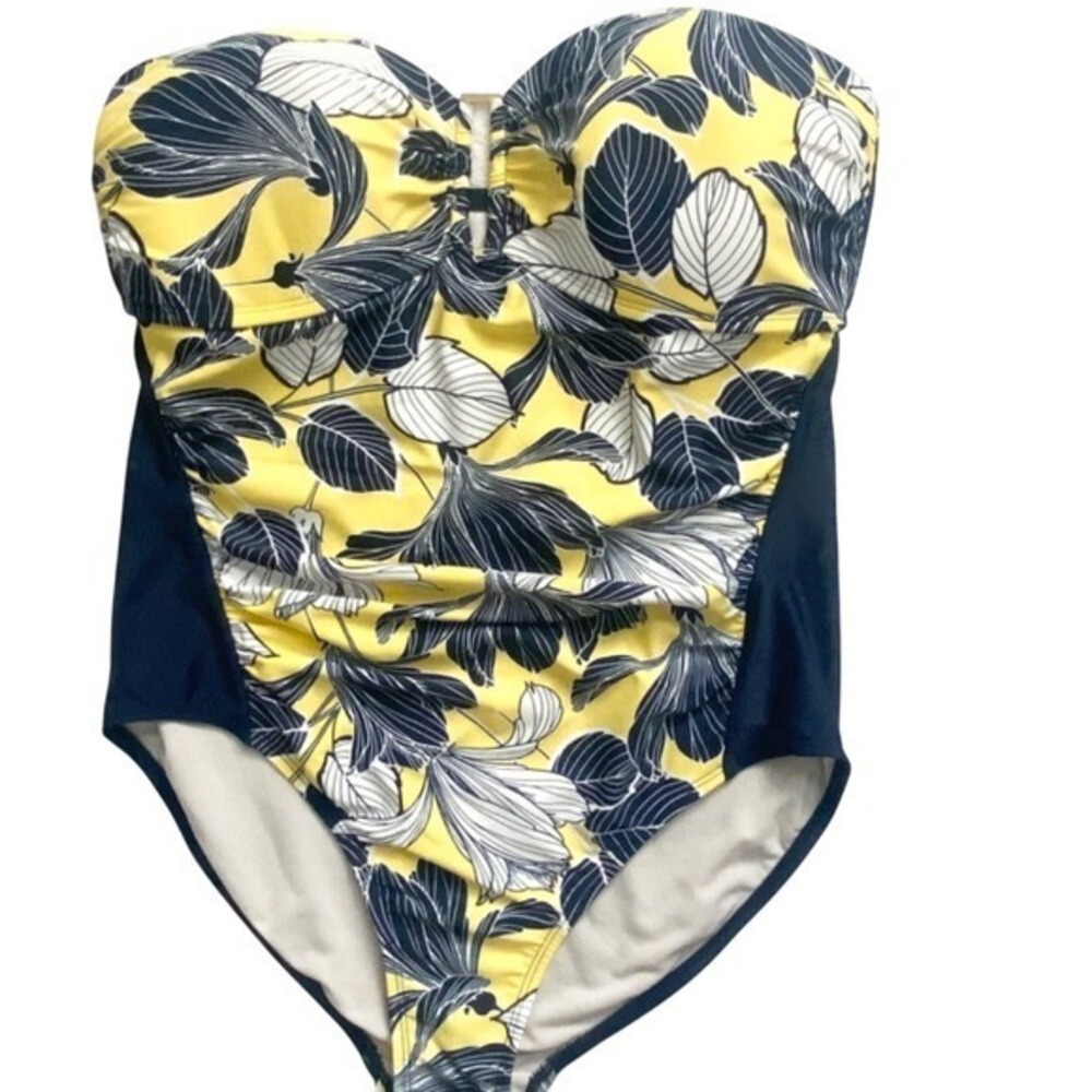 Merona Tropical Floral Strapless One Piece Swimsuit Women L Yellow Navy